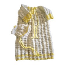 Vintage Handmade Crocheted Baby Christening Gown Hat Yellow White Gender Neutral
