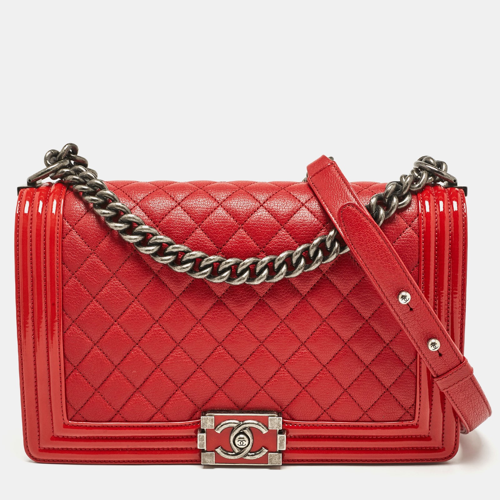 Chanel Red Quilted Patent Leather New Medium Boy Bag