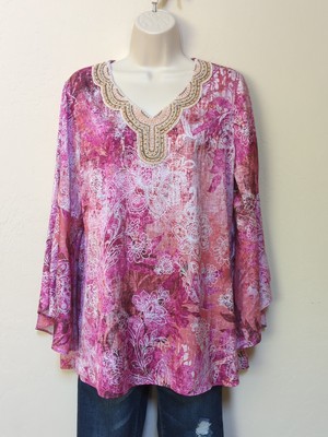 Susan Graver Woman Sz XS Boho Peasant Floral Bell Sleeve Beaded Yoke Pink 