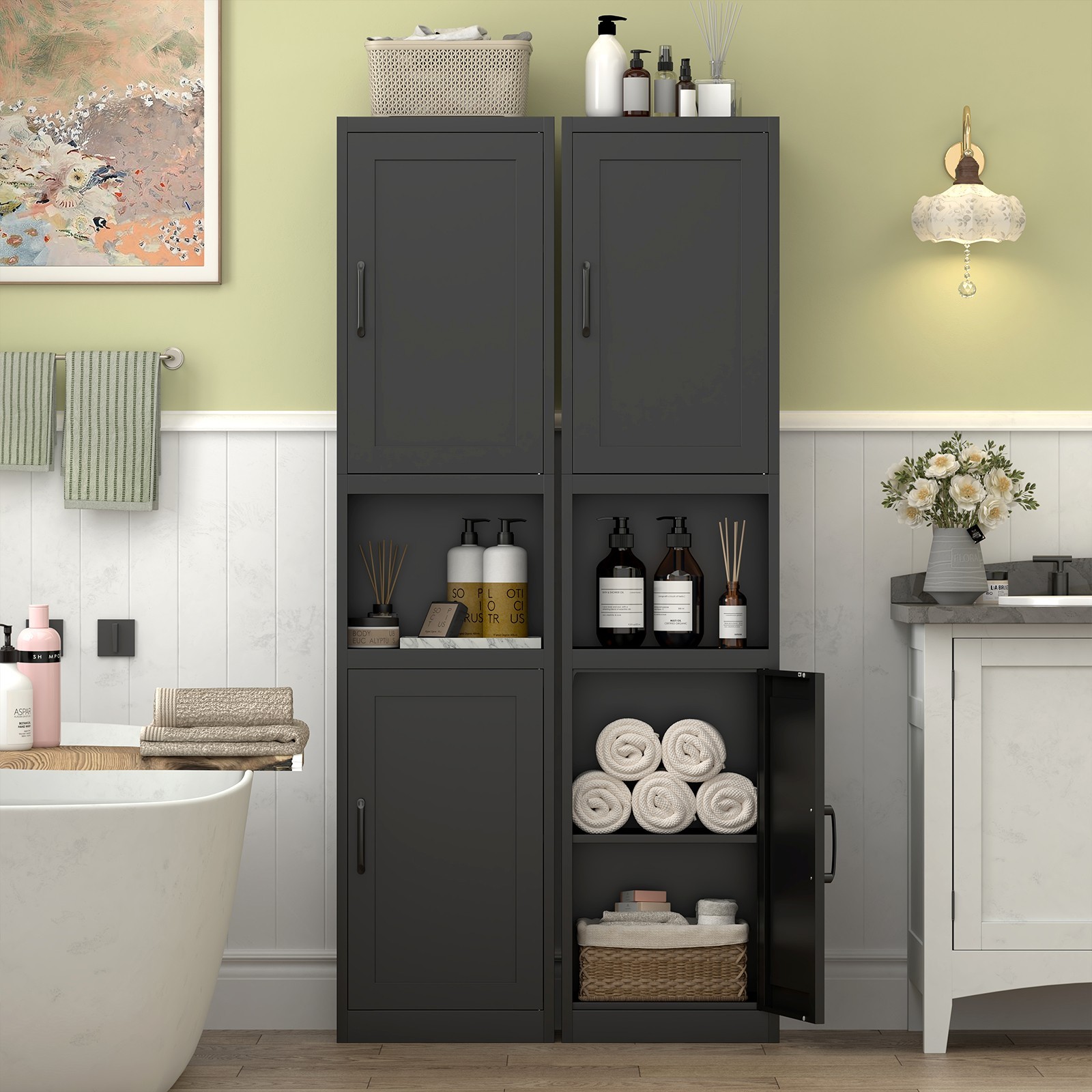 Tall Storage Cabinet, Metal Narrow Storage Cabinet Doors and Shelves