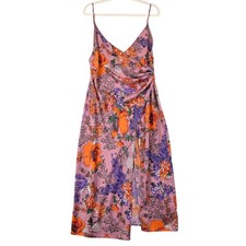 Urban Outfitters Dress Womens L Pink Floral V Neck Ruched Slip Midi Sundress