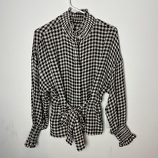 Intermix Shirt Womens Small Black White Gingham Zip Front Tie Waist Ruffle Mgd