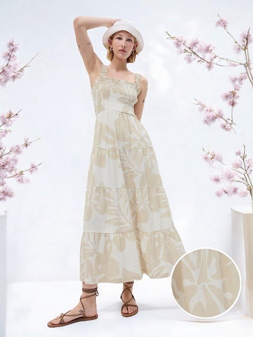NWT GAP Linen-Blend Tiered Maxi Smocked Dress L White Cream Tropical Floral  | eBay