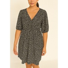 ASOS Black Floral Print V-Neck Puff Sleeve Smock Dress Casual Cottagecore
