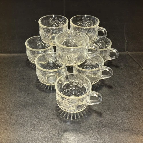 Vintage 1960's Jeanette Punch Bowl Cups Clear Glass Fruit Design ~ Lot of 9