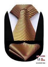 Mens Ties Plaid Tie and Pocket Square Set Classic Woven Formal 01-gold
