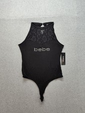 Bebe Women Bodysuit M Black Lace Sleeveless Halter Neck Back Key Hole Casual