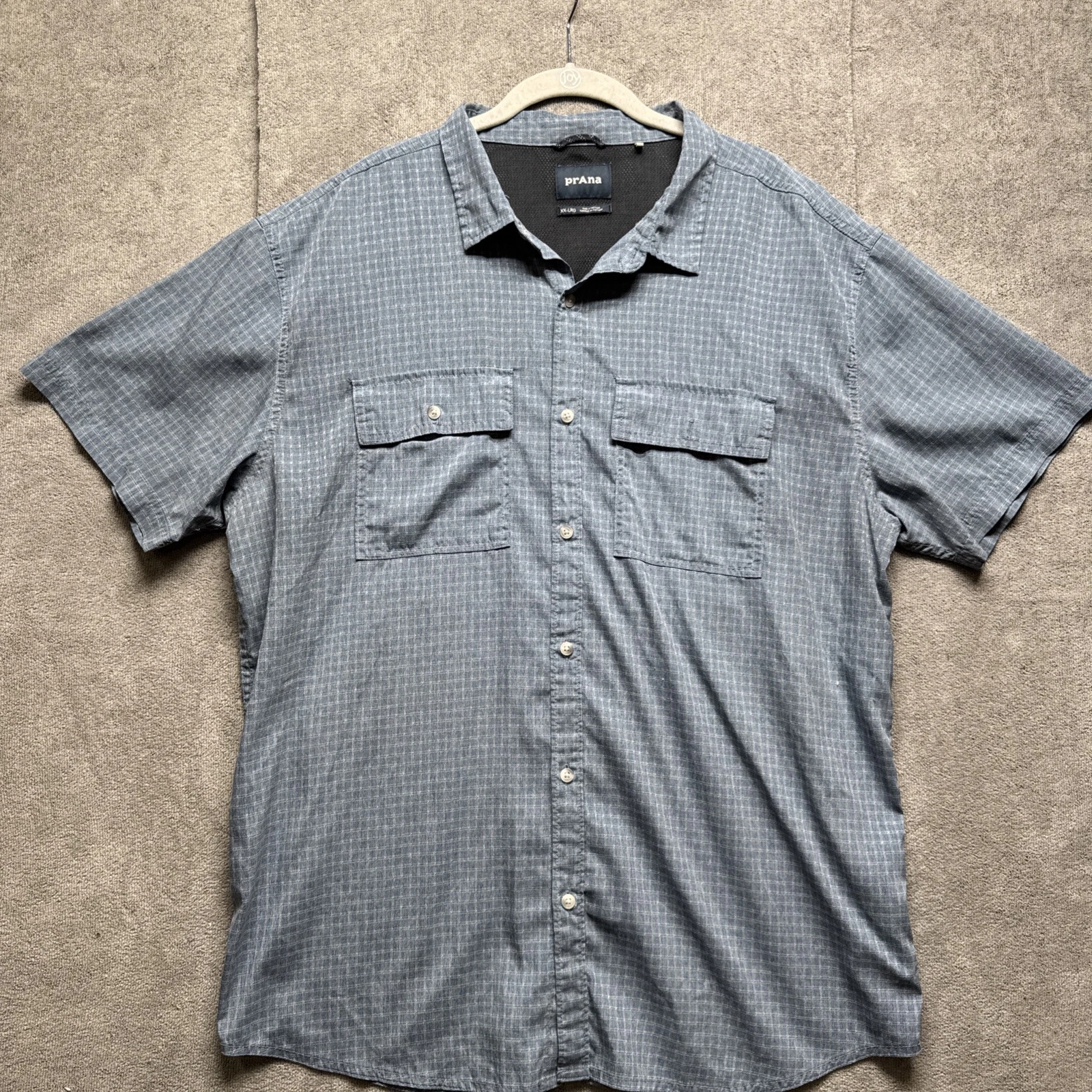Men’s Hiking Shirt Short Sleeve Button Up Utility Pockets prAna Blue XXL