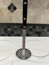 Vintage Stainless Steel Potato Masher Black Handle  W/Brass Rivets~9.25” long
