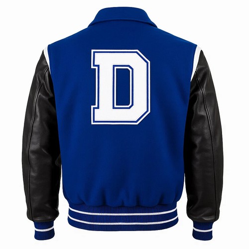 Herren Royalblau Wolle College Jacke mit schwarzen Lederärmeln & D Patch Custom - Bild 5 von 6