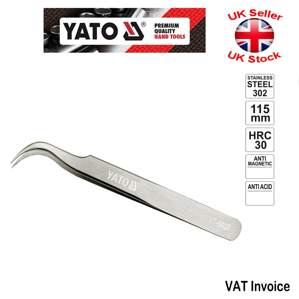 Yato Professional Tweezer 115mm Stainless Steel Clamps Curved YT