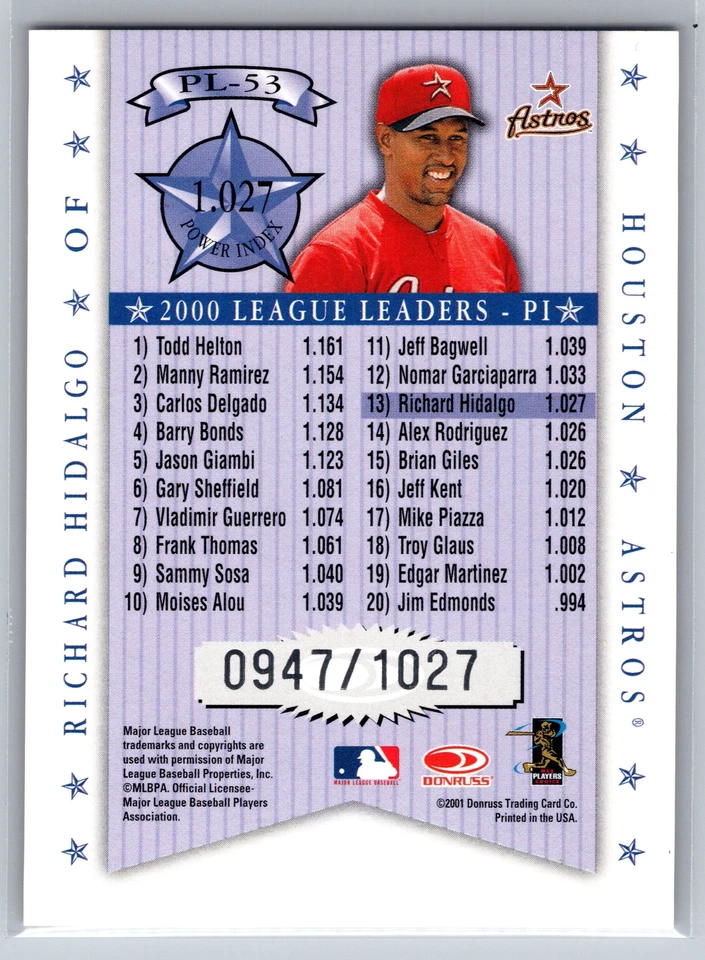 2001 Donruss #PL-53 Richard Hidalgo Production Line /1027 - Image 2 of 2