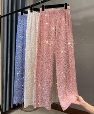 Women Thin Velvet Sparkling Sequin Leg Pants Warm Wide-Legged Straight Trousers