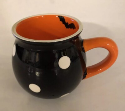 TERRAMOTO CERAMIC Halloween Polka Dot Coffee Mug Cauldron Orange Inside Bat EUC