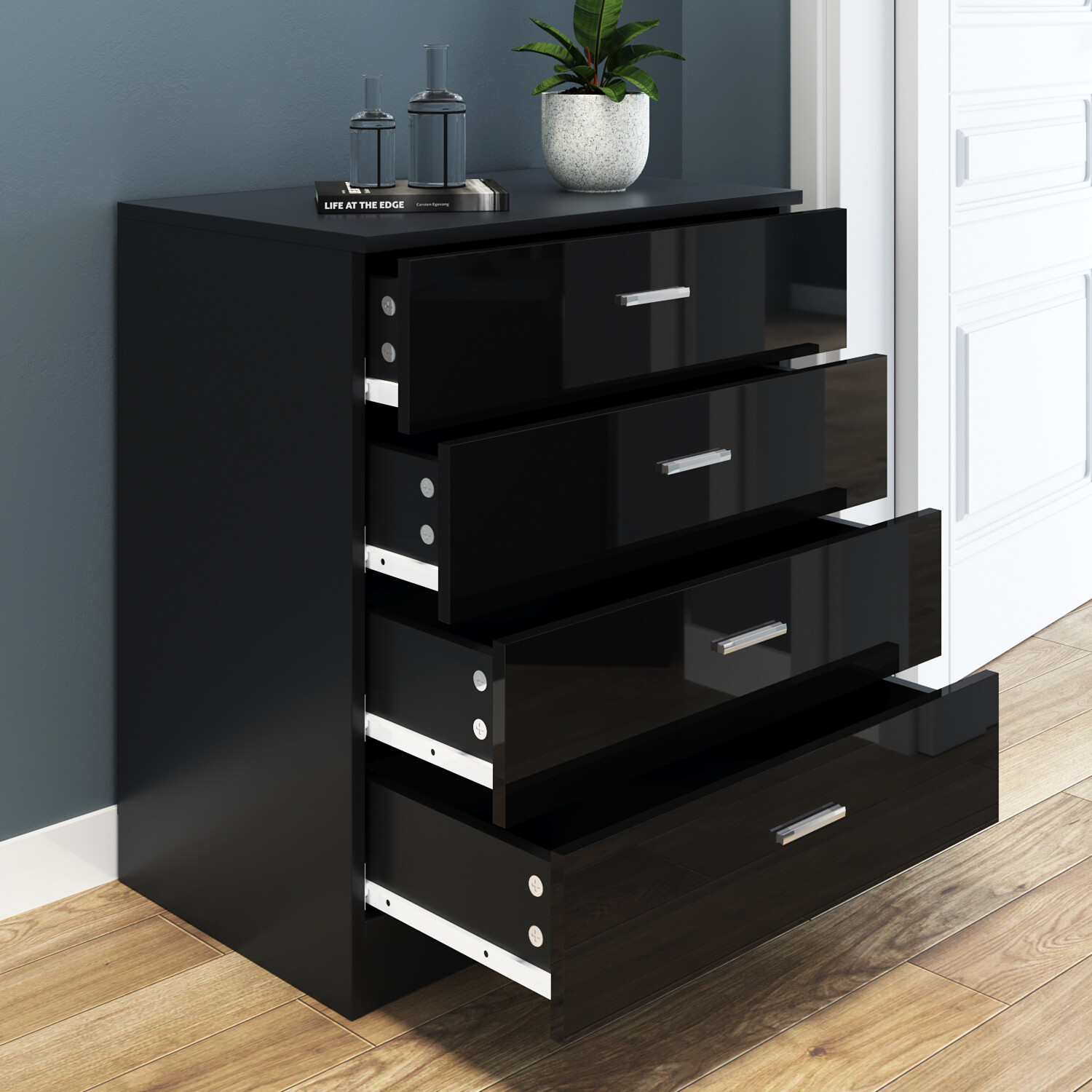 Black High Gloss Chest of 4 Drawers Home Bedroom Furniture Set Storage