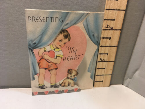 Vintage 40s Double Glo Sample Valentine Card Boy Stage Actor Fox Terrier Dog d4 - Picture 1 of 3