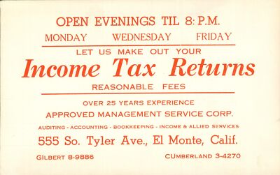 c1940 Approved Management Service Corp Postcard El Monte CA Income Tax Postcard