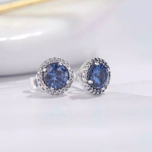 Brand New Genuine Pandora S925 Blue Round Sparkle Stud CZ Earrings 296272C01
