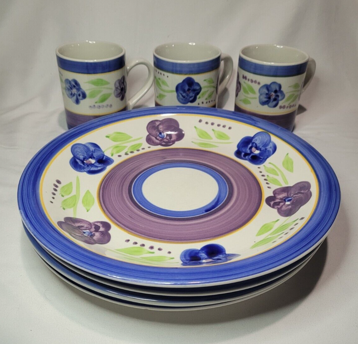 7 Pcs Gibson BELLA Dinner Plates Set Blue Purple Floral Bands Vintage