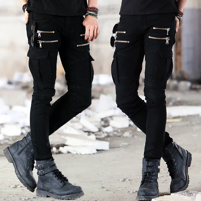 Men&#039;s Biker Cargo Pants Stretch Punk Jeans Folds Skinny Casual Denim Trousers |