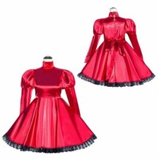 Girl Maid Sissy Lockable Red Satin Dress cosplay Costumes Tailor-made