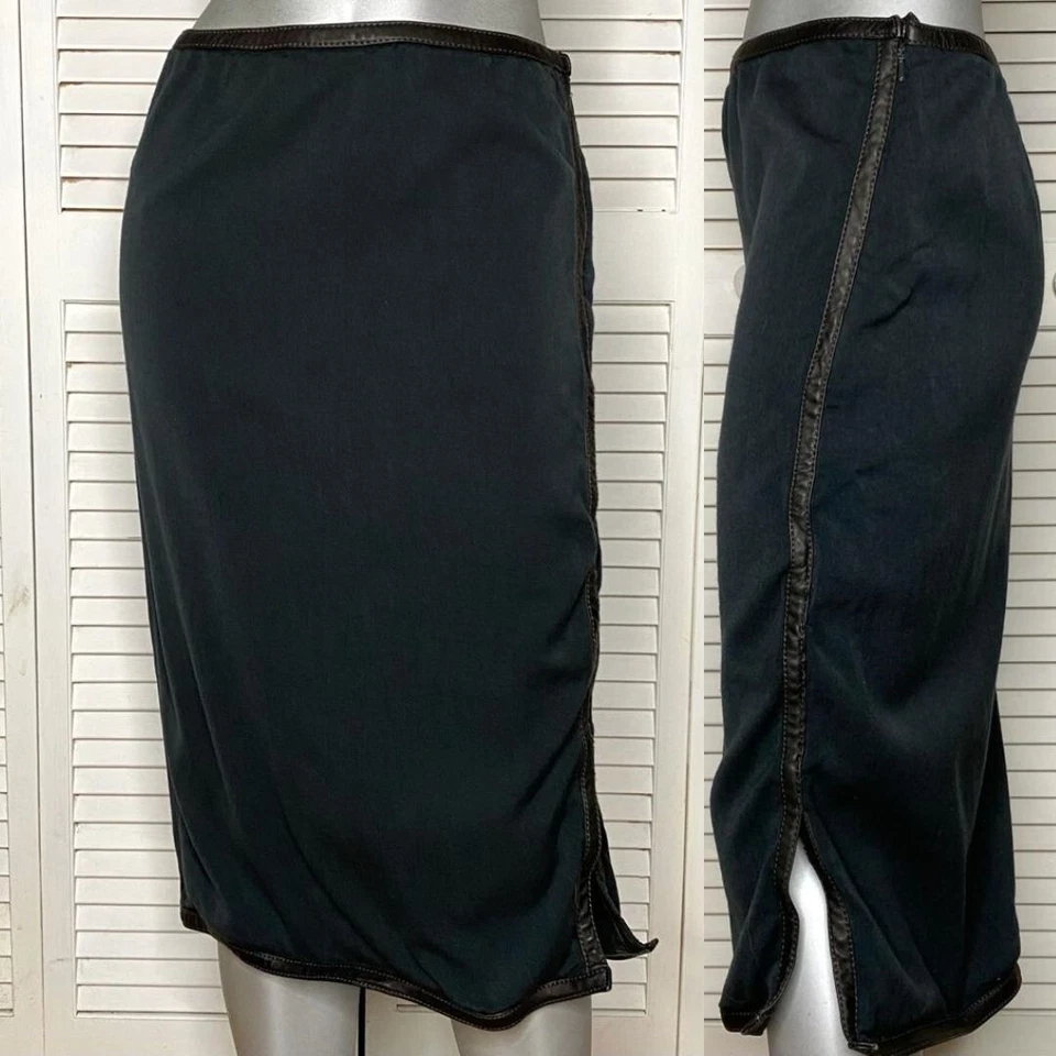 Vintage Y2K 2000s DKNY Dark Green Wool Pencil Skirt Knee Length Leather Trim 2