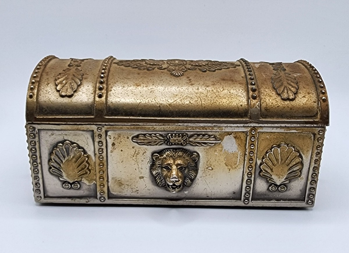 Vintage Lion Heads Jewelry Music Box Metal Raised Floral Red Vintage Lion Heads Jewelry Music Box Metal Raised Floral Red