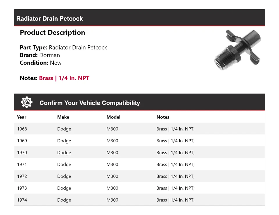 Para Dodge M300 Dorman 1968-1974 radiador drenaje Petcock 1969 1970 1971 1972 1973 Foto 2 de 4
