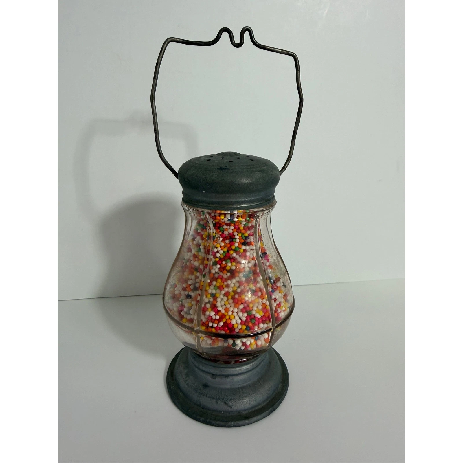 Vintage Candy Container Lantern Glass Shaker Dispenser with Metal Handle and Lid