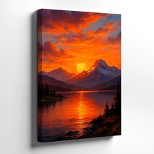 Wall Art Mountain Lake Sunset Landscape Print Pine Forest Nature Home Decor