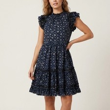 Ulla Johnson Joan Mini Dress Ultramarine Navy Floral Print Ruffle Tiered Size 4
