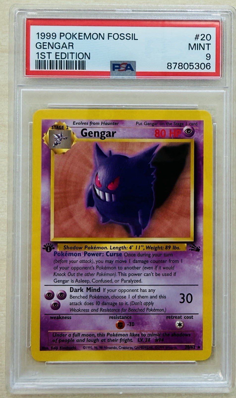 1999 POKEMON FOSSIL 1ST EDITION #20/62 GENGAR PSA 9 MINT