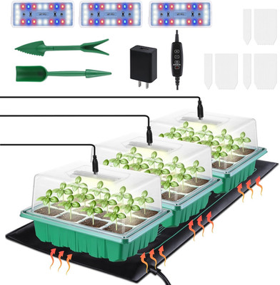 3-Pack Seed Starter Trays with Heat Mat, Seed Starter Kit with Grow Lights, 36 L