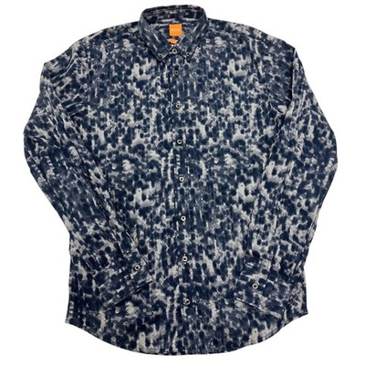 Hugo Boss Orange Shirt Mens Medium BlueSlim Fit Abstract Pattern Long Sleeve