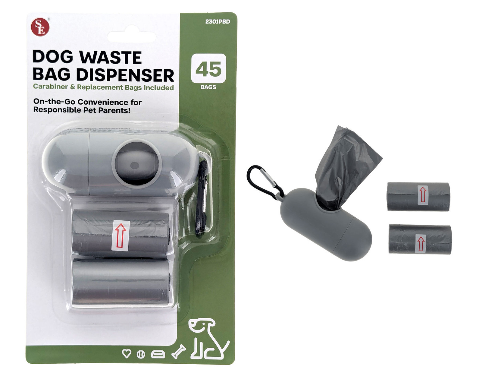 45 Bags-Dog Waste Bag Dispenser Set With Carabiner Attaches to dog leash