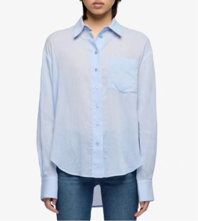 Women 7 For All Mankind Collared Striped Long Sleeve Blouse Top