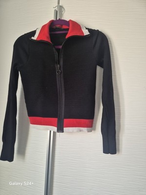 Zara Knit Damen Cropped Zip Up Jacke Cardigan Schwarz Rot Weiß Gr. S UK 8