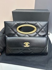 Chanel Cutout Handle Black Lambskin Gold HW Flap Clutch Auth