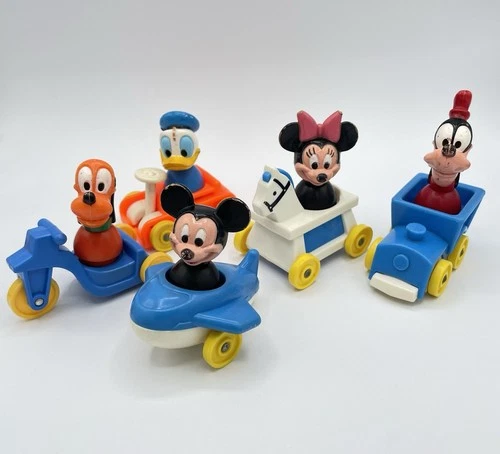 Vintage Illco Little People Disney Mickey Minnie Pluto Donald Goofy 5 Vehicles