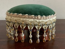 Gorgeous Vintage Green Velvet And Beaded Pin Cushion On Wooden Base