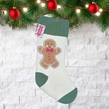Green Knitted Christmas Stocking Gingerbread Man Embellished New 19  