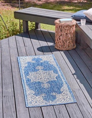 Outdoor Traditional Collection Area Rug - Antique (2' 7'' x 10' Runner Blue/Iv...