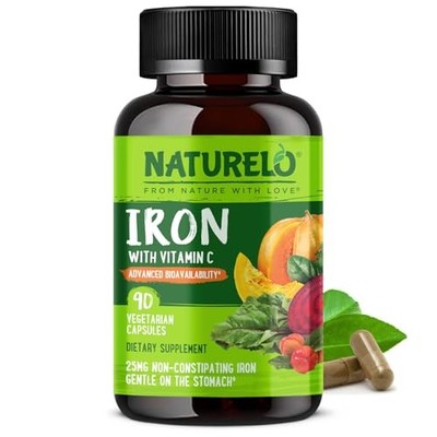 NATURELO Vegan Iron Supplement with Vitamin C - Gentle Iron Pills for Anemia
