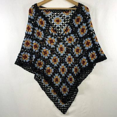 Womens Granny Square Crochet V Neck Poncho Top OS Hippie Festival Indie Boho