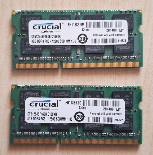 2 x 4 GB Crucial CT51264BF160B (PC3-12800 (DDR3-1600), SO DIMM) RAM Module 1,35V