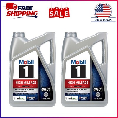 2 Pack, Mobil 1 High Mileage Full Synthetic Motor Oil 0W-20, 5 Quart