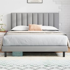 OYT Queen Bed Frame with Headboard, Plush Upholstery, Diamond Stripe, White Gray