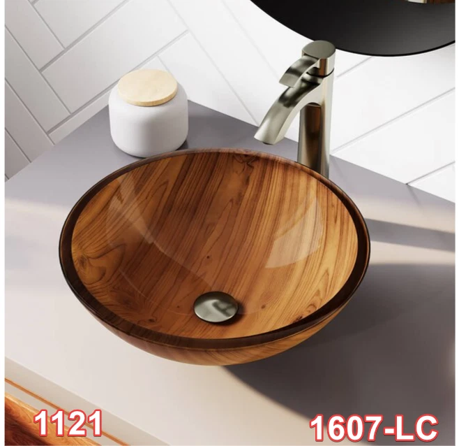 Grano fregadero de recipiente de vidrio de madera MR Direct 628-726-BN con grifo y desagüe emergente Foto 2 de 4