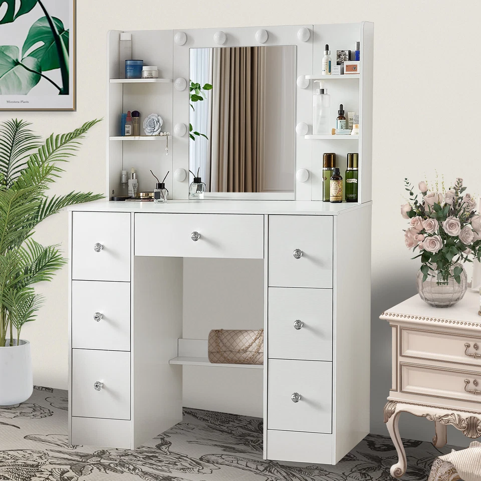 Juego de tocador de maquillaje blanco 10 espejos iluminados LED 7 cajones tocador NUEVO Foto 4 de 4