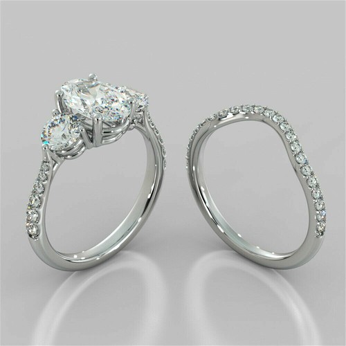 Oval & Round Cut 3.40Ct Diamond 14K White Gold Bridal Ring Set Simulated Size 7 - Picture 2 of 7